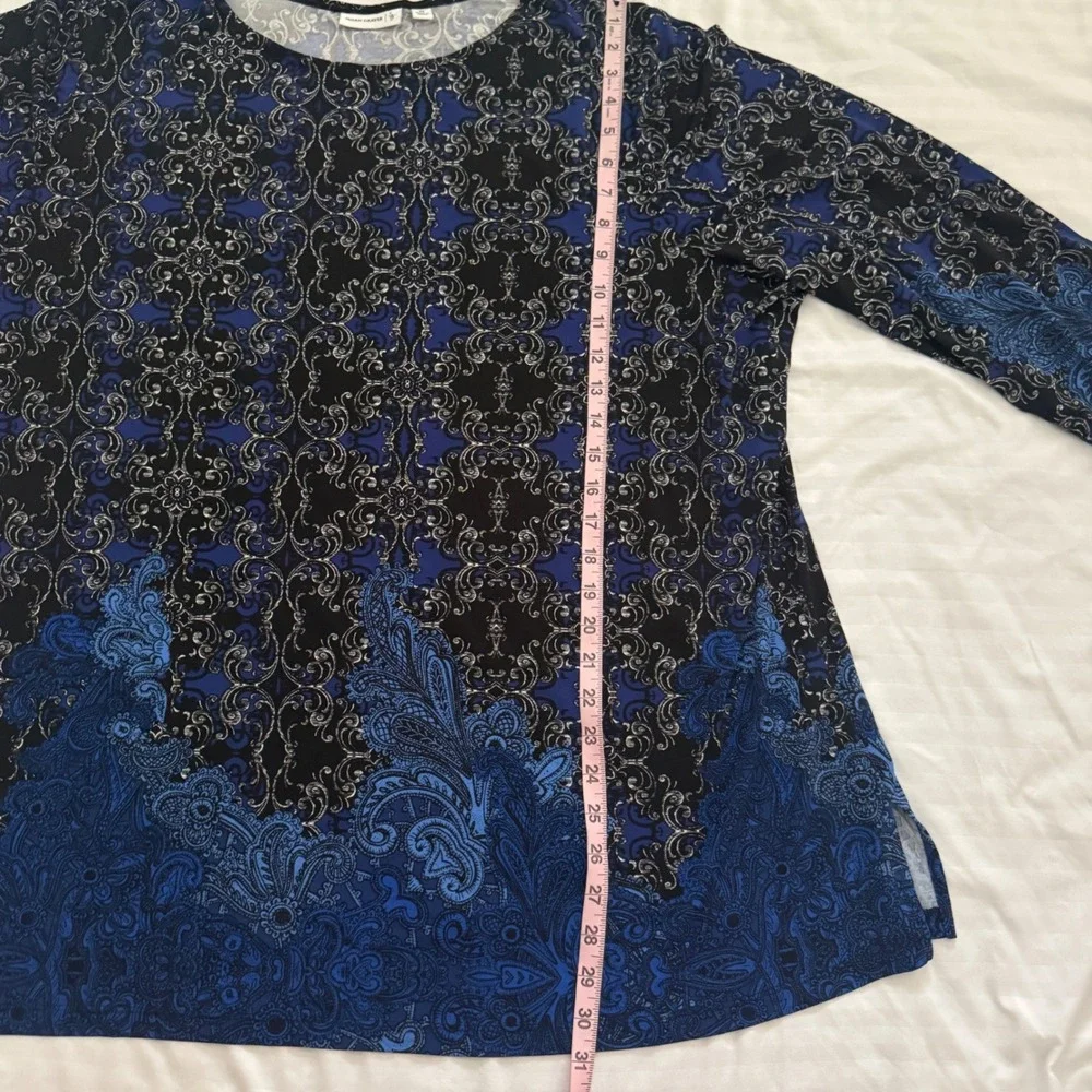 Susan Graver Blue Paisley Scroll Liquid Knit Tunic Top 3X Long Sleeve Office - Picture 4 of 6